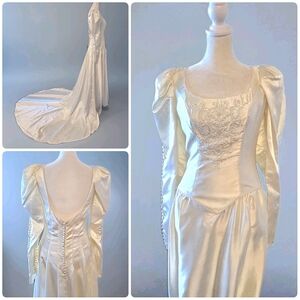 Vtg Fairytale Princess Wedding Gown, 80s/90s, Pearl Trim, Bustle Train, VEIL